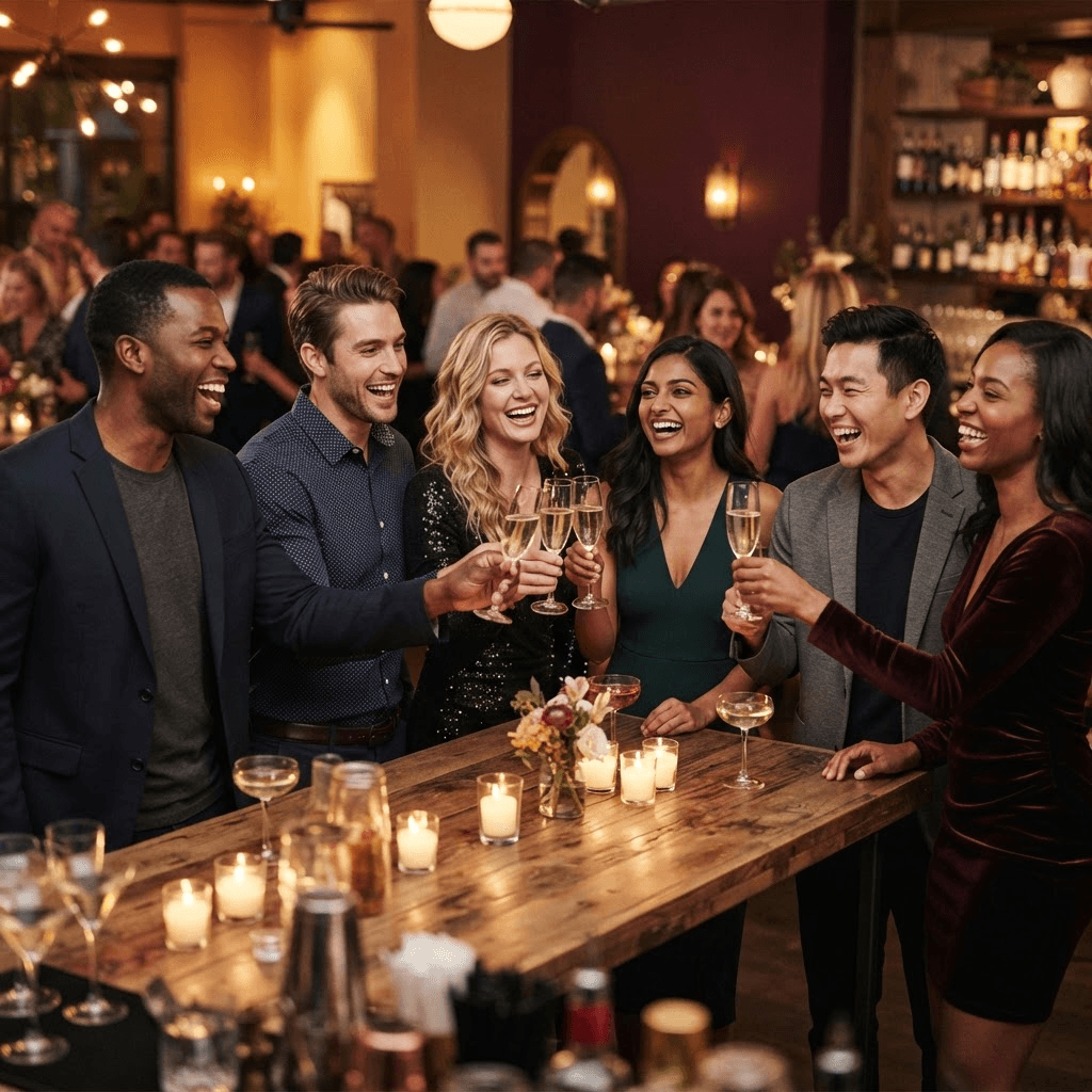 A diverse group of friends laughing and raising their glasses in a cheers toast at a warmly lit dinner table